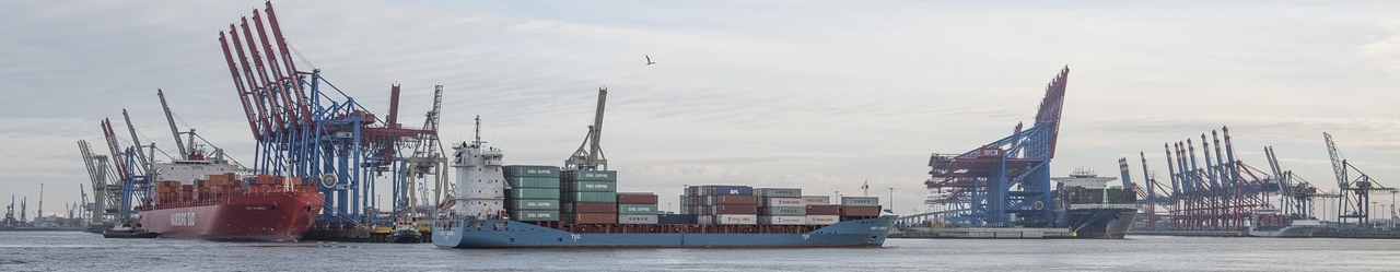 Panoramabild eines Containerhafens mit Kränen und einigen Containerschiffen - Hamburger Hafen