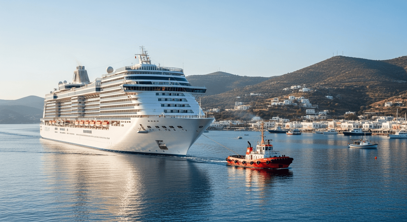 Kreuzfahrtschiff Gemini nach Schleppfahrt in griechischem Hafen