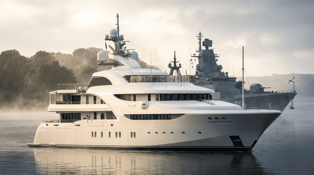 Putins Yacht Graceful im Nebel mit Zerstörer