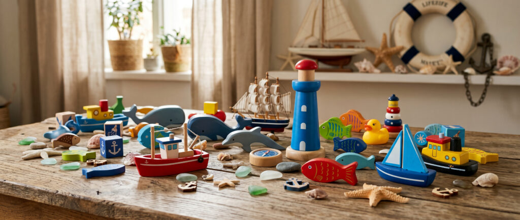 viele maritime Spielwaren, farbenfroh durcheinander auf einem hölzernen Tisch arrangiert, in gemütlicher maritimer Atmosphäre, leichte Unordnung wie nach dem Spielen, warmes weiches Licht, dezenter Hintergrund mit maritimen Dekorationen wie Muscheln, Seesternen und kleinen Ankern, hohe Detailgenauigkeit, natürliche Farben, leichte Tiefenunschärfe, fotografischer Stil