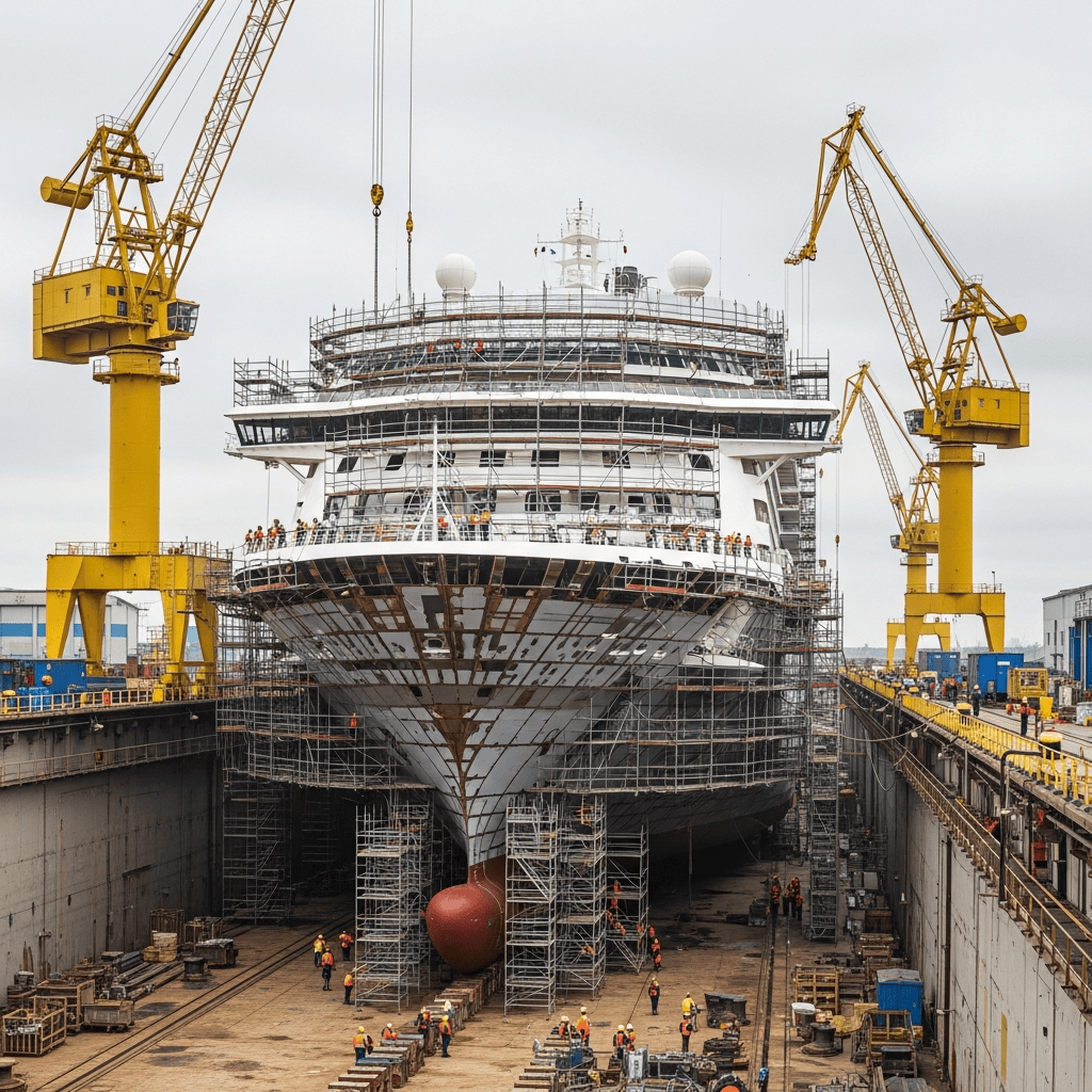 Kreuzfahrtschiff im Trockendock einer Werft während eines Werftaufenthalts