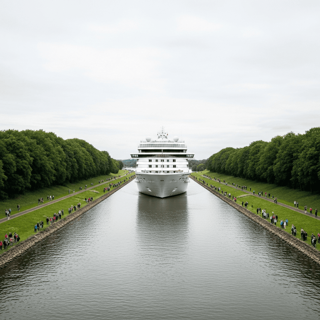 Großes Kreuzfahrtschiff bei der Überführung durch die schmale Ems