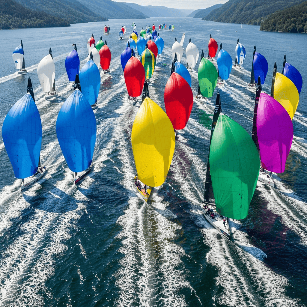 Segelregatta mit bunten Spinnakern auf der Kieler Förde