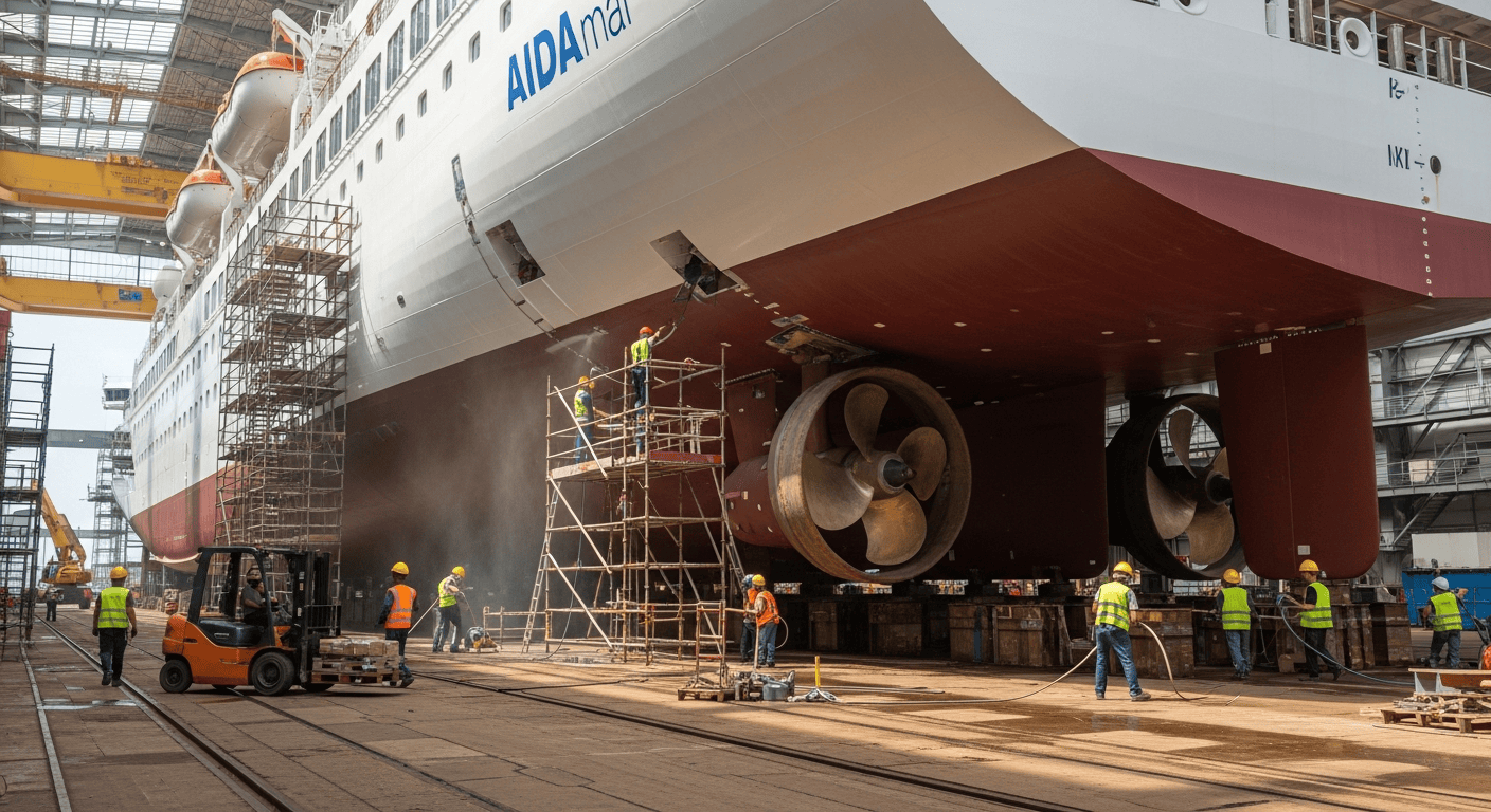 Kreuzfahrt im Trockendock: AIDAmar mit Gästen im Dock