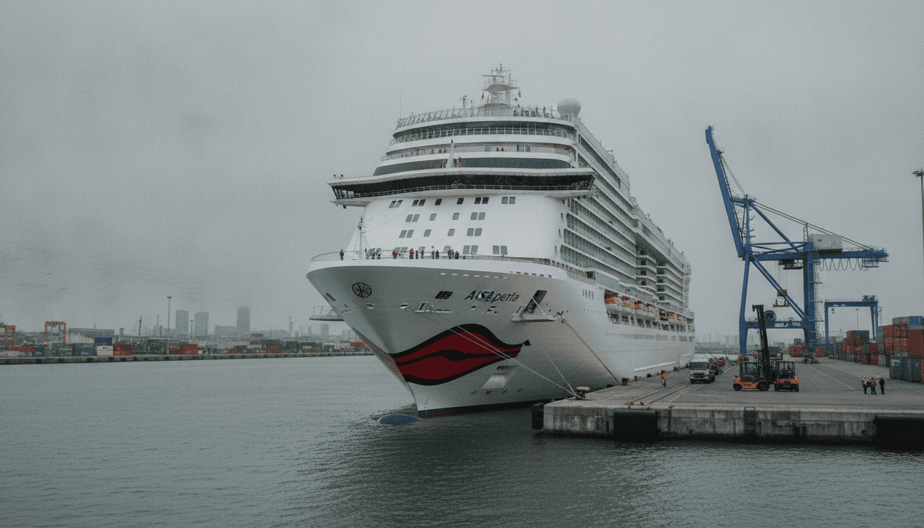 Kreuzfahrtschiff AIDAperla löst sich von Festmachern in Le Havre