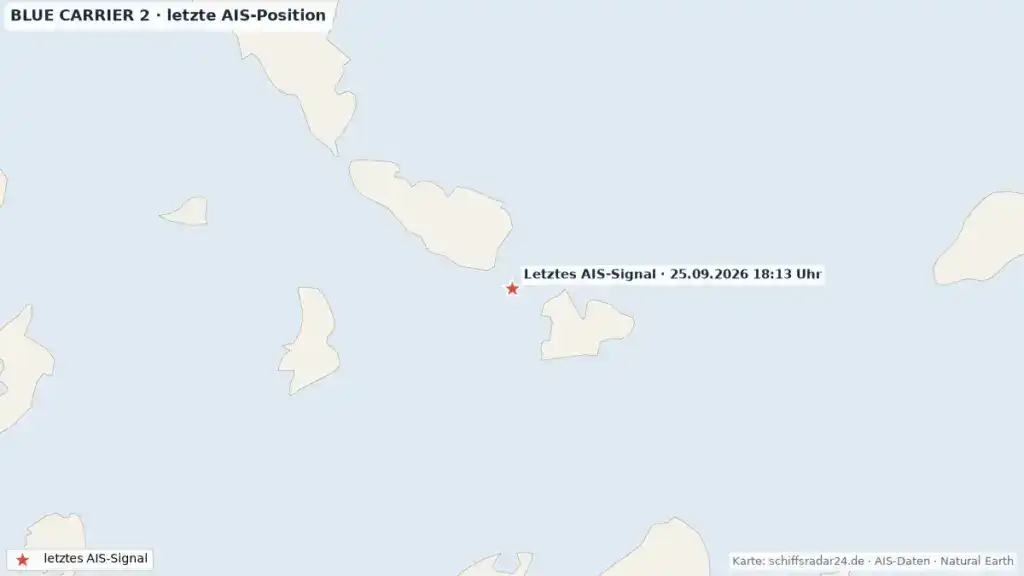 Karte mit letzter AIS-Position der Blue Carrier 2 nördlich von Mykonos