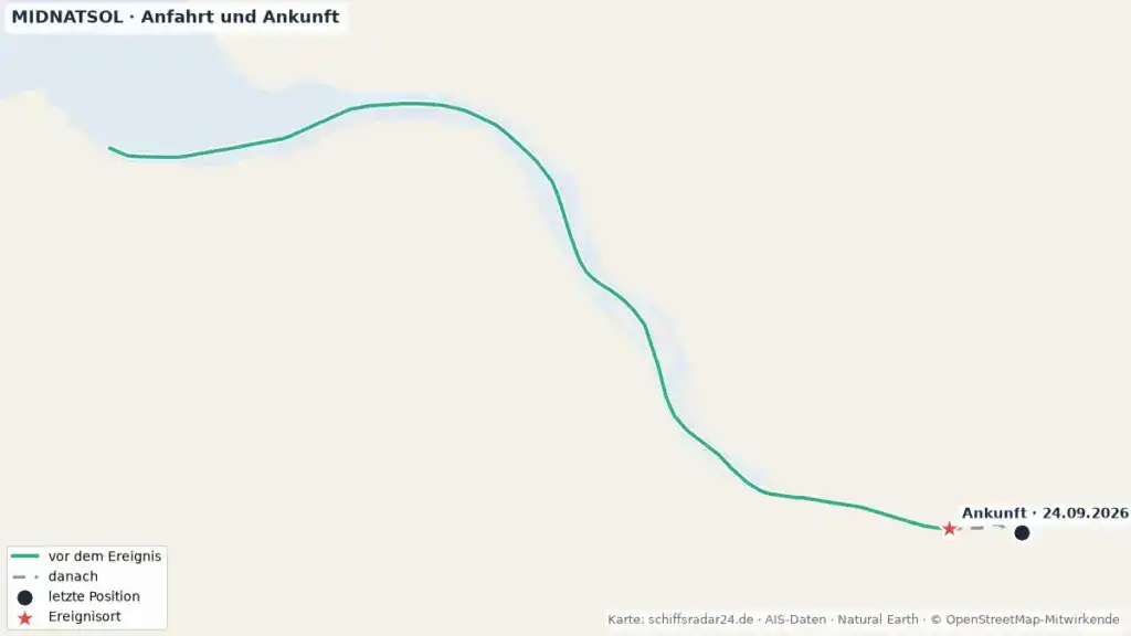 AIS-Karte zeigt Route der MS Midnatsol beim Erstanlauf in Hamburg und weiter Richtung Esbjerg