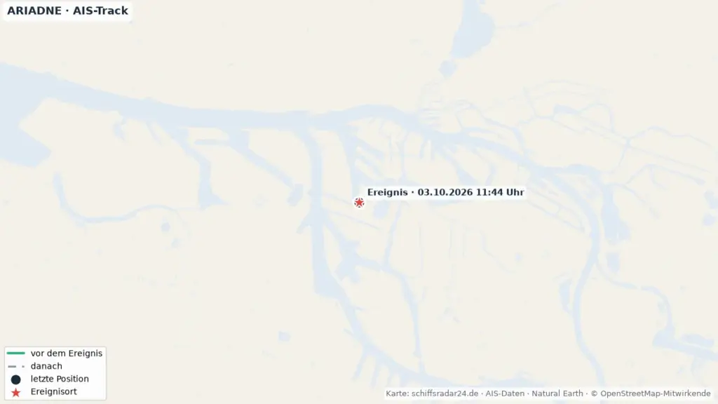 AIS-Trackingkarte zeigt die festgemachte Position der Ariadne im Hamburger Hafen