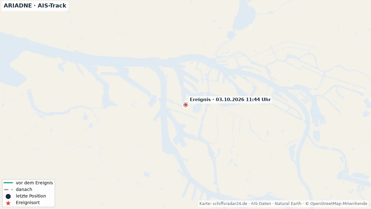 AIS-Trackingkarte zeigt die festgemachte Position der Ariadne im Hamburger Hafen
