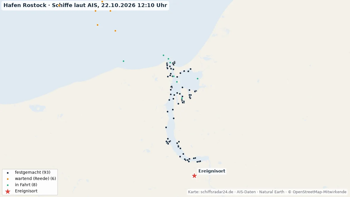 AIS-Karte des Rostocker Stadthafens mit Schiffspositionen nach dem Untergang der Maranatha