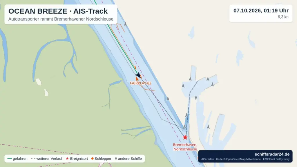 Seekarte mit AIS-Track: Die Ocean Breeze mit Schleppern auf dem Weg zur Nordschleuse Bremerhaven