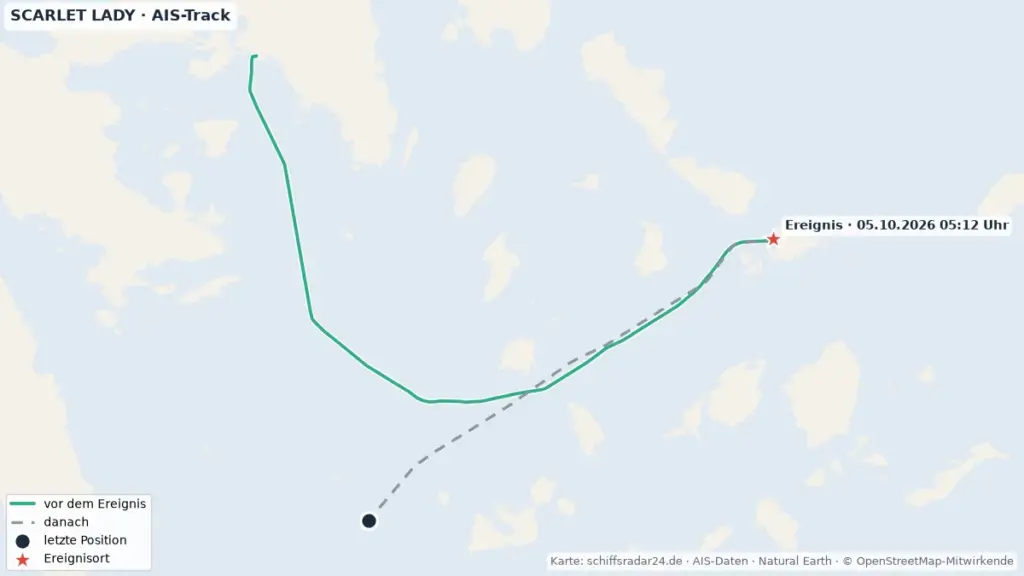 AIS-Trackkarte der Scarlet Lady mit Positionen bei Rhodos und Mykonos