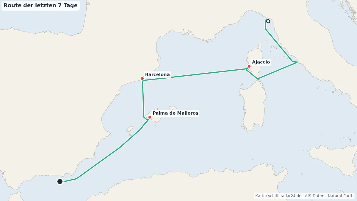 Route der AIDAcosma in den letzten 7 Tagen