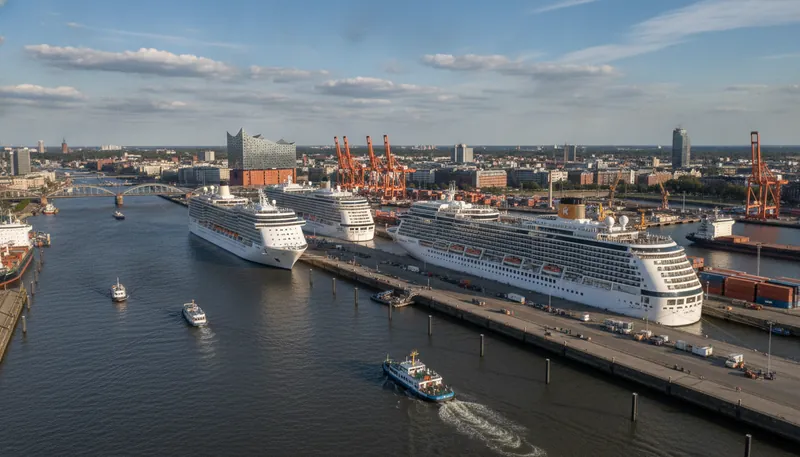 KI-generiertes Symbolbild: Vier Kreuzfahrtschiffe gleichzeitig in Hamburg