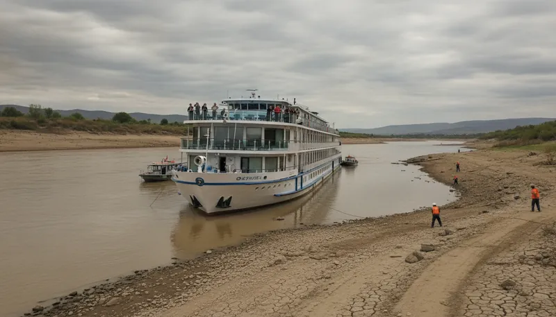 KI-generiertes Symbolbild: Niedrigwasser führt zu Grundberührung von Flusskreuzfahrtschiffen